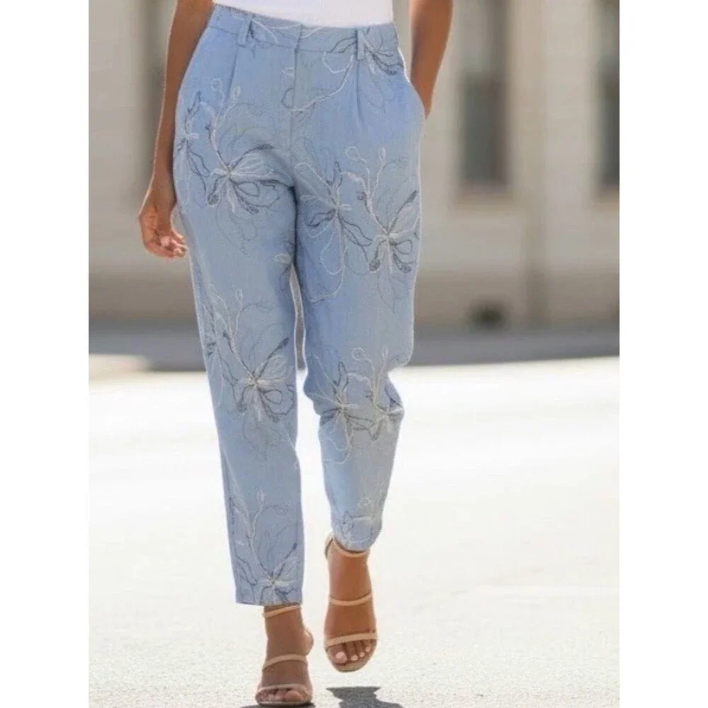 Zara Light Blue Floral Embroidered Linen Blend Ankle Pants High Rise size Small